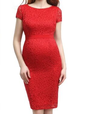 Kimi + Kai Maternity "Nancy" Red Lace Midi Dress Size Medium Like New!